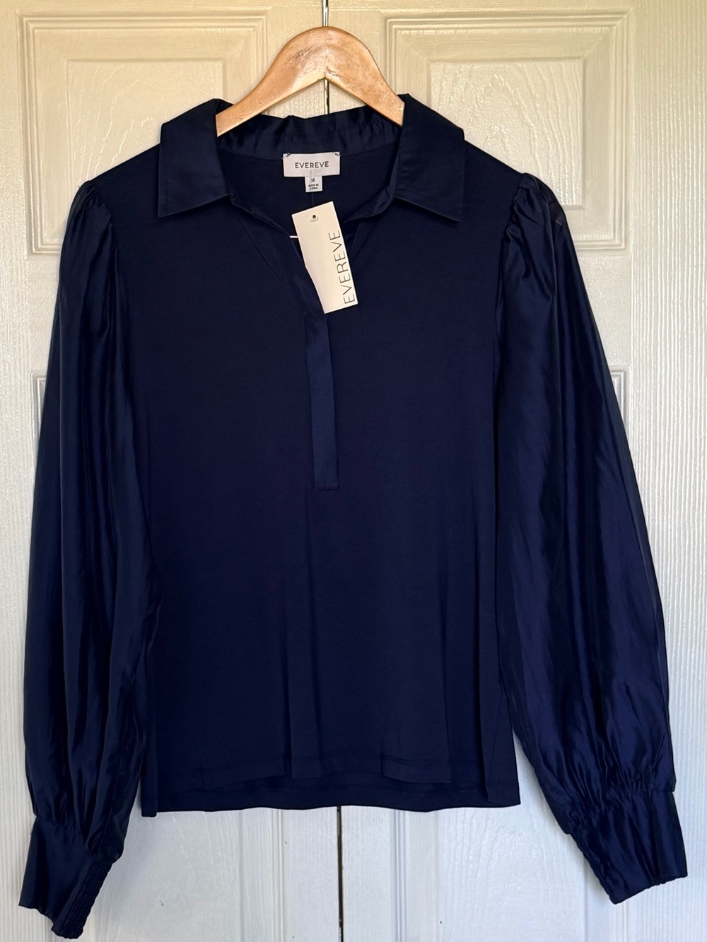 EVEREVE Nelly Sheer Sleeve Top Navy Smocked Sleeves NWT M